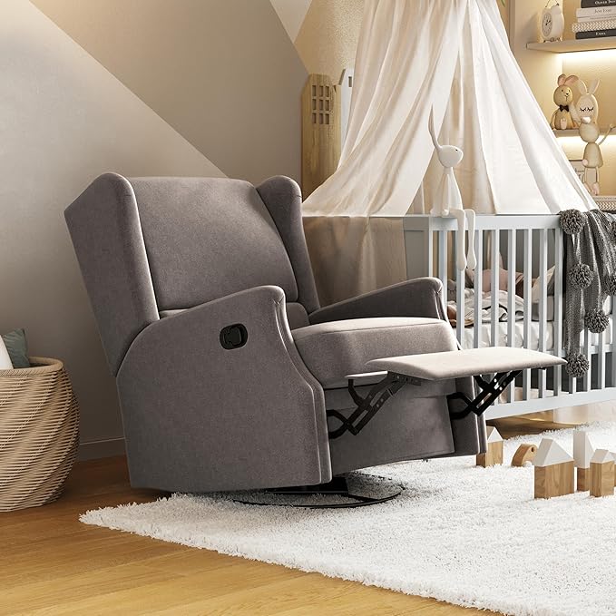 Flash Furniture Omma Swivel Glider Rocking Recliner Manual Wingback Recliner with 360 Degree Swivel for Living Room Bedroom or Nursery Upholstered Dark Gray