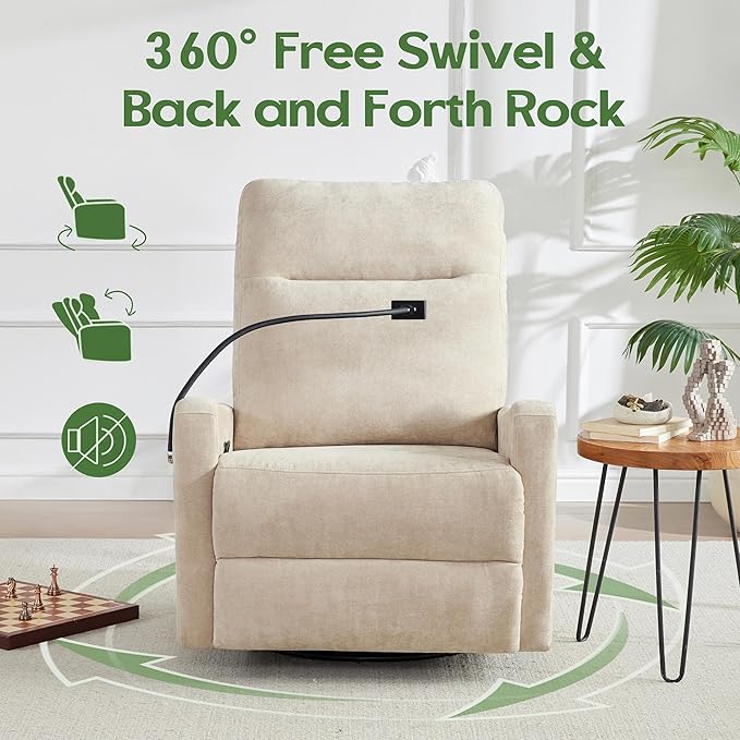 Oversized Recliner Chair Swivel Rocking Chair Reclining with Phone Holder Ergonomic Lazy Boy Fabric Sofa Chair with Lumbar Support Manual Glider Chair for Living Room RV Beige