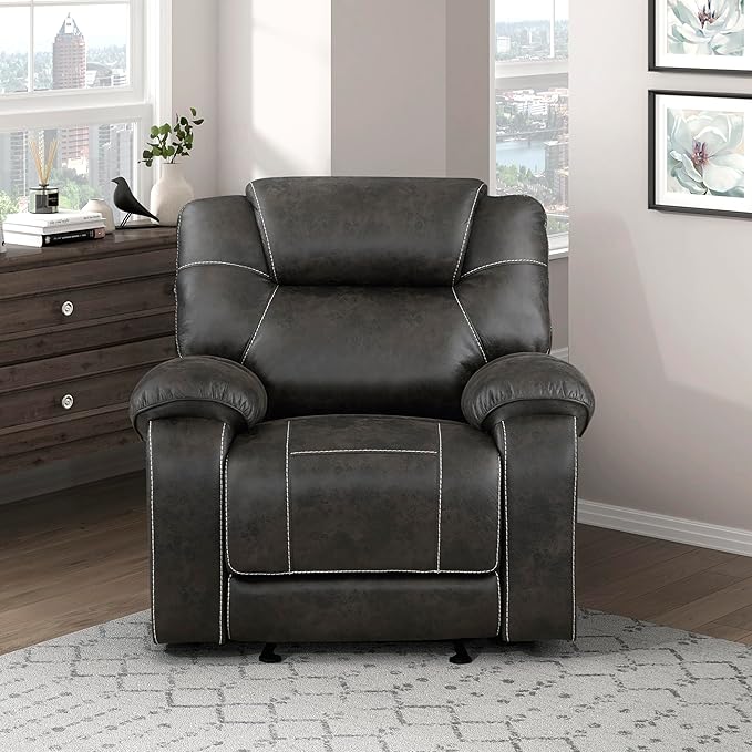 Lexicon Manual Glider Recliner Chair Polished Microfiber Upholstered Manual Tab Pull Reclining Nursery Chair for Living Room Pillow Top Armrest Padded Headrest Easy Assembly Chocolate