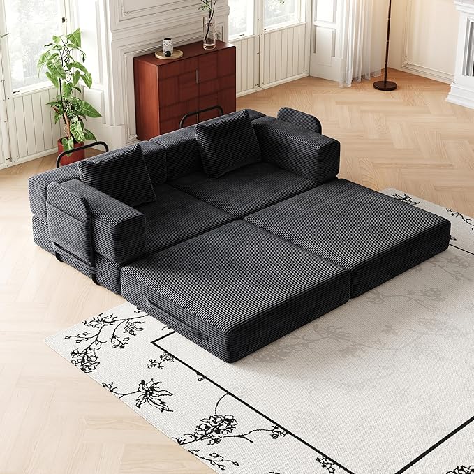 KEIKI 72.4'' Convertible Sofa Bed 2 Seat Corduroy Fabric Sofa with Two Side Storage Pockets and Two Cushions Comfortable Folding Sleeper Carpeted Couch for Living Room Bedroom and Study Black