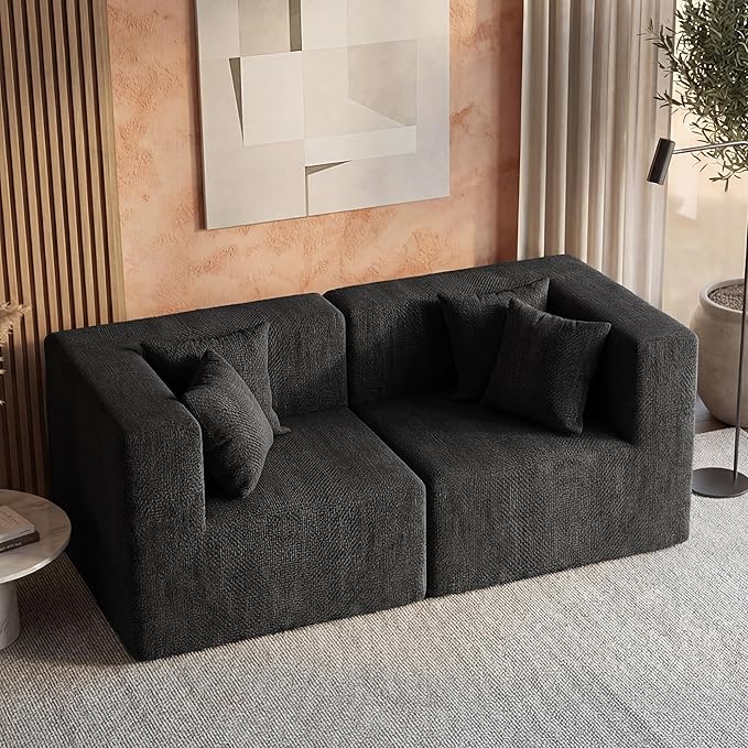 75 Loveseat Sofa Comfy Chenille Cloud Couch with 4 Pillows Modern Deep Seat Boneless Couch 2 Seater Sofa for Living Room Bedroom and Apartment No Assembly Required Black