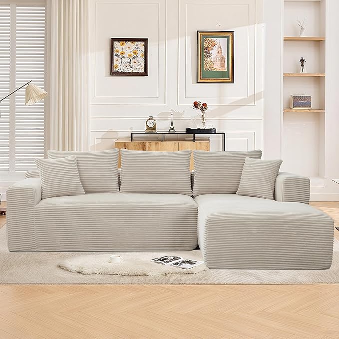 108.7'' Sectional CouchL Shaped CouchPlush Corduroy FabricUpholstered Couches for Living Room BedroomNo Assembly Required (Beige Right Facing Chaise)