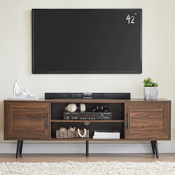 EDYO LIVING Mid Century Modern TV Stand for 65 TV Wood TV Stand with Storage Cabinet and Open Shelf Entertainment Center TV Console Table for Living Room Dark Walnut