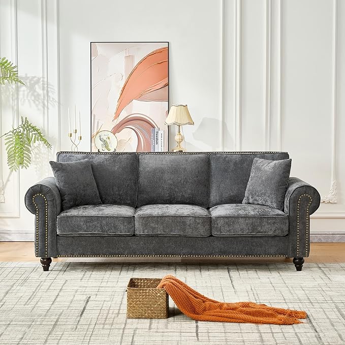 86.5 Chenille Sofa Couch 3-Seater | Modern Chesterfield Sofa with Traditional Rolled Arms Nailhead Trim &amp Solid Wood Frame | Living Room Upholstered Couch | Grey