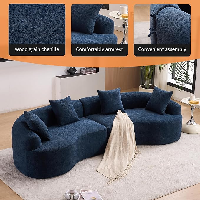 Oversized Sectional Sofa for Living Room 110 Modern Luxury Chenille 4-Seater Extra Deep &amp Wide Seat Curved Cloud Couch with 4 Throw Pillows No Assembly Needed Cream Blue