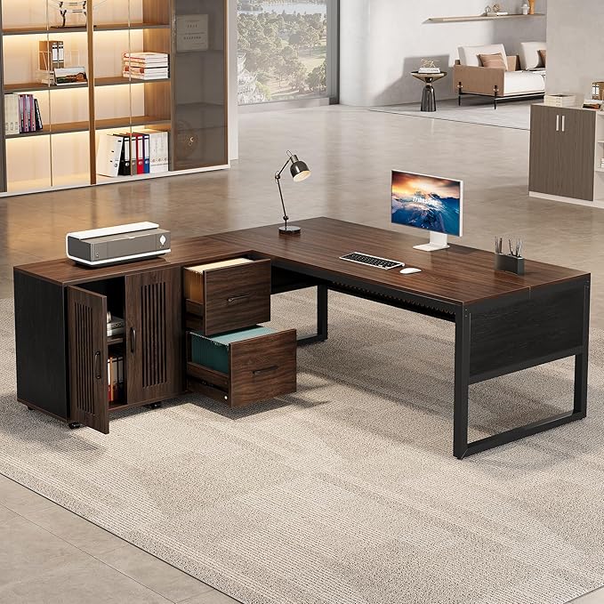 Tribesigns 63-Inch Executive Desk Large Office Desk with Mobile File Cabinet Modern L-Shaped Computer Desk Business Furniture with Door Storage Cabinet for Home Office Dark Walnut &amp Black