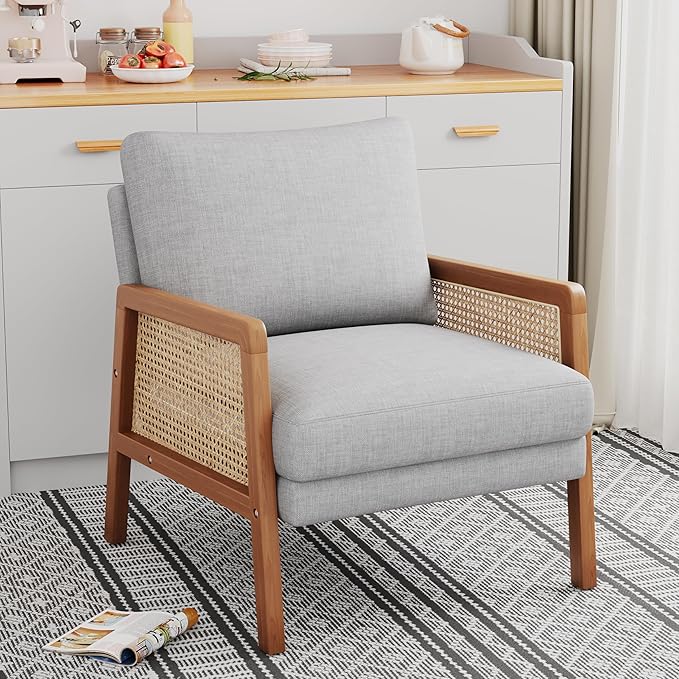 WENTMENT Rattan Accent Chairs Set of 2 Modern Armchair with Natural Rattan Armrest Upholstered Living Room Chair Comfy Single Sofa Chair for Reception Room/Hosting Room/Bedroom(Grey)