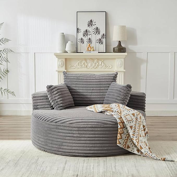 55 Grey Oversized Round Boneless Couch Sofa Corduroy Memory Foam Cloud Couches Lounge Chair Comfy Fluffy Single Sofa with 3 Pillows for Living Room Bedroom No Assembly Required (Grey)