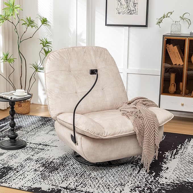 JOSHEN 41 Modern Velvet Reclining Lazy ChairLarge Reading ChairSwivel Gliding Rocking Chair with Mobile Phone Holder for Living RoomBedroomIvory