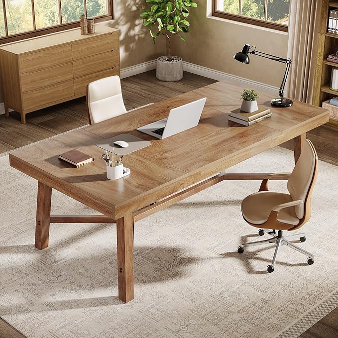 Tribesigns 71-Inch Executive Desk Farmhouse Office Computer Desk with Sturdy Leg Structure Rectangular Writing Table Business Furniture for Home Office Natural