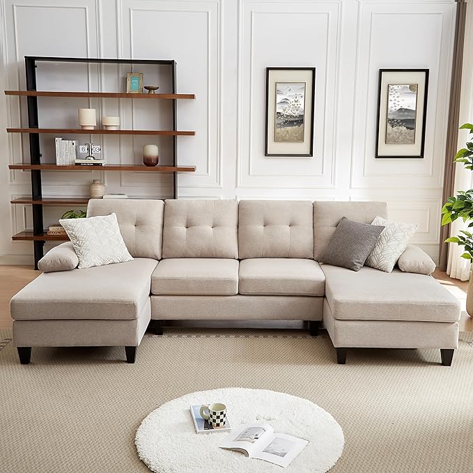 111 Modern U Shape Convertible Sectional Sofa Couch Polyester Fiber Sleeper Couch with Double Chaise and Portable Armrest 4 Seat Sofa Set for Living Room Apartment Office Beige