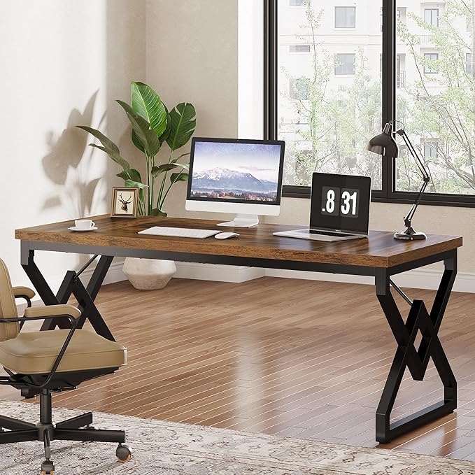 Tribesigns 63 Large Industrial Executive Desk with Extra Thickened Tabletop &amp Metal Frame Heavy-Duty 300 lb Capacity Home Office Desk for Study Room Dorm Bedroom – Vintage Brown &amp Black
