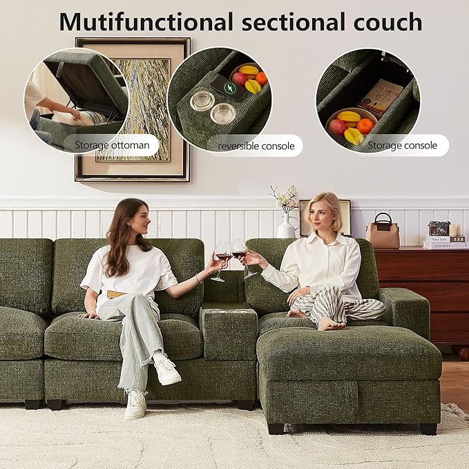 122 Sectional Couch with Console&amp Cup HoldersL Shaped Couch with Convertible Chaise4 Seat Sofa W/Storage OttomanCouches for Living Room and Apartment (Green)
