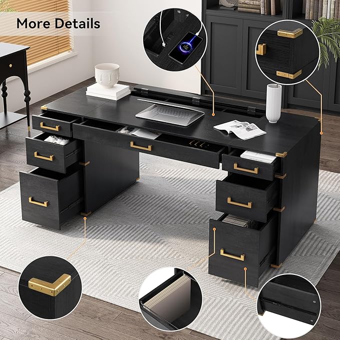 70 Extra-Large Executive Desk with Metal Edge Trim Classic Traditional Writing Desk for Home Office - 7 Drawers USB Ports Hidden Compartment &amp Drop-Front Keyboard Tray