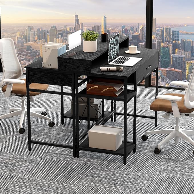 Tangkula Small Computer Desk with Power Outlets 42 Writing Desk with Hutch Drawer &amp 2 Open Shelves Gaming Table with Heavy-Duty Metal Frame for Home Office (Black)