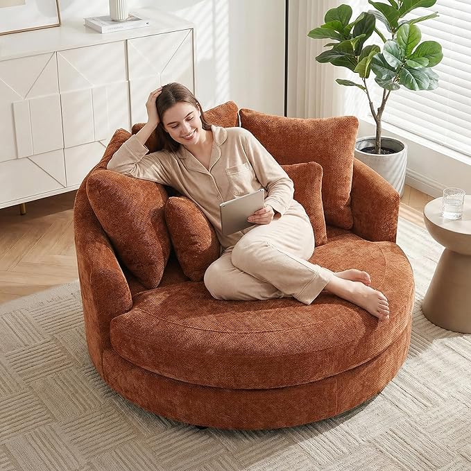 Aoiy &amp Wifon 59.8 W Oversized Barrel Chair Round Accent Chair with Wheels Extra Large Living Room Chair Knitted Chenille Burnt Orange