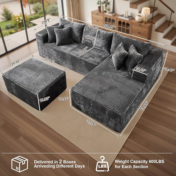 108 Boneless Cloud Couch with Ottoman Moudular Sectional Sofa with Deep Seat No Assembly Required Modern Minimalist Sofas with Chaise Comfy U Shaped Couches for Living Room Grey