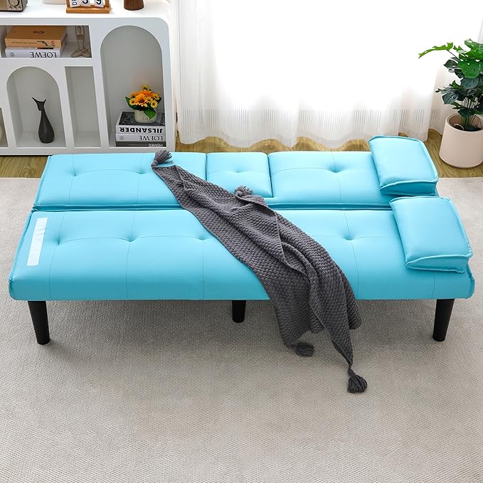KEIKI 3 in 1 Convertible Sleeper Sofa Bed with Cup Holder Futon Sofa Bed for Living Room Dorm or Home Office Blue