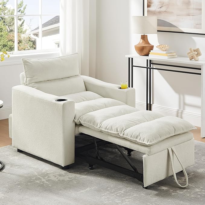 3-in-1 Convertible Sleeper Chair Bed Adjustable Pull-Out Sleeper Sofa Chair Modern Futon Sofa Bed Loveseat with Adjustable Backrest for Living Room Small Space (Beige 36 W)