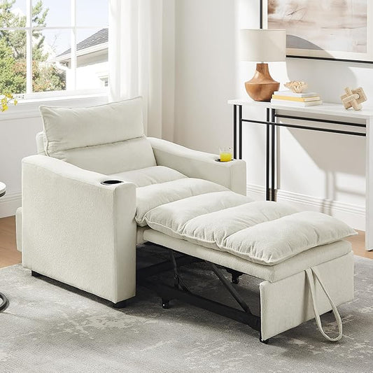 SLEERWAY 3 in 1 Convertible Sleeper Sofa Bed 36.14 W Easy Pull Out Chair Bed with Dual Cup Holders Comfy Thick Padding Futon Love Seat with Adjustable Backrest for Living Room Small Space (Beige)