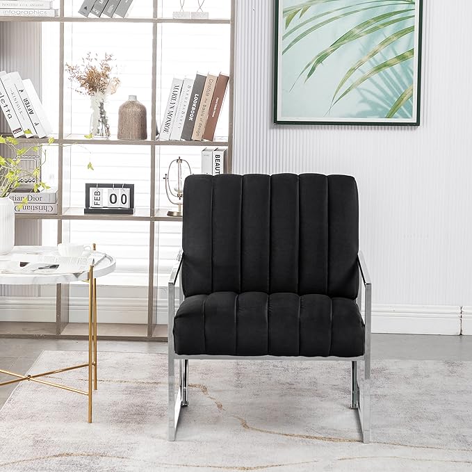 Generic Velvet Vertical Stripe Armchair Gold Metal Frame Accent Chair Suitable for Living Room BedroomBlack