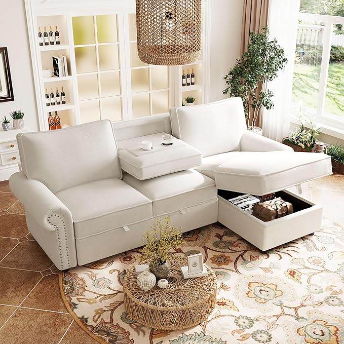 95 Convertible Sofa Bed Sectional Sofa Sleeper with Storage Chaise Pull-Down Backrest with 2 Cup Holders Arc Armrests with Nailhead Trim Polyester Fabric Acacia Wood Frame (Beige-12s)