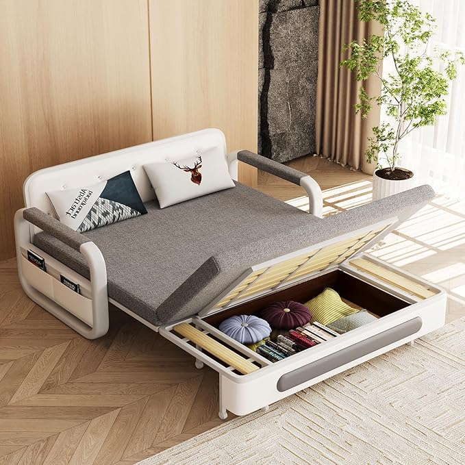 Pull-Out Sofa Daybed with Trundle - Versatile Futon Sleeper Couch for Living Room and Small Spaces (34.6 D x 50.3 W x 34.2 H)- Gray/White Sofa Bed