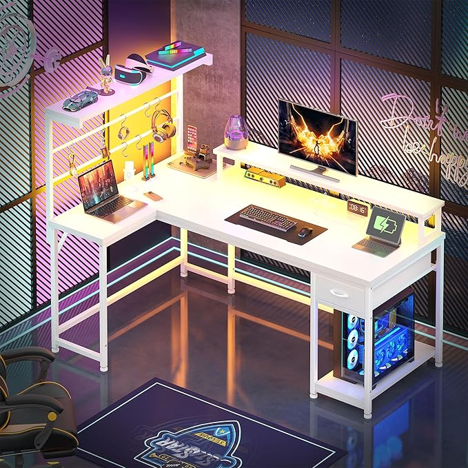 EnHomee 53 L Shaped Gaming Desk with Monitor with Hutch &amp Monitor Stand Office Desk with Drawers &ampHooks Computer Desk with LED Light &ampPower OutletHome Office Writing Desk White
