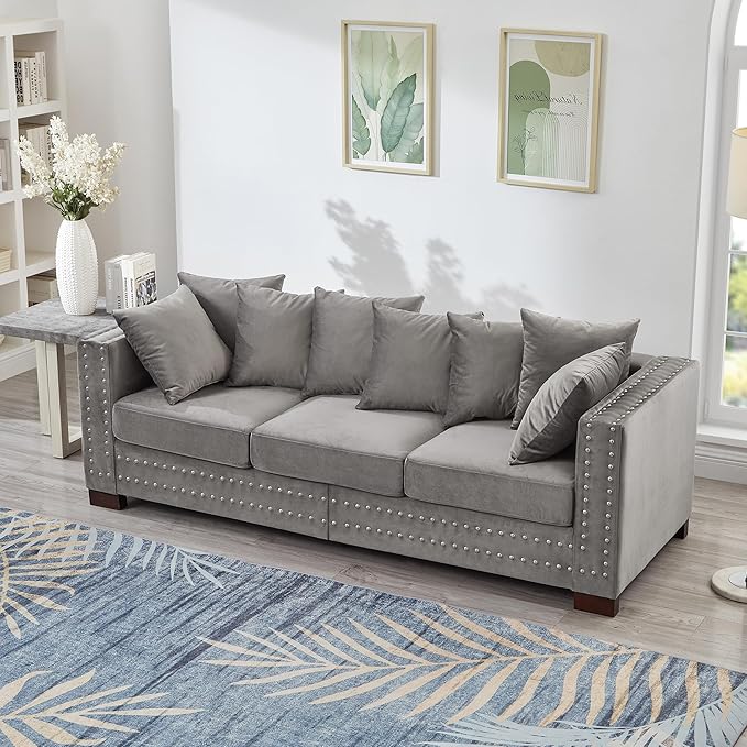 84.5 Wide 3-Seater Velvet Sofa with Storage Mid Century Modern Chesterfield Couch Upholstered Love Seat with Deep Seat &amp Retro Trim Gray Velvet Couch for Living Room Office Apartment (Grey)