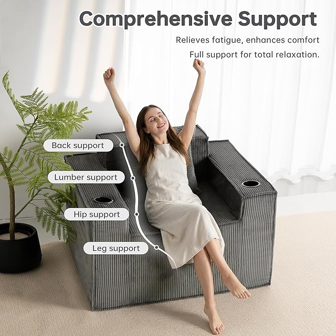 Cloud Single SofaChaise Lounge Chair with Cup Holder &amp Side PocketElevated Seat HeightNo Assembly RequiredBoneless Corduroy Chair for Small SpaceBedroomOffice (Grey Single Sofa)