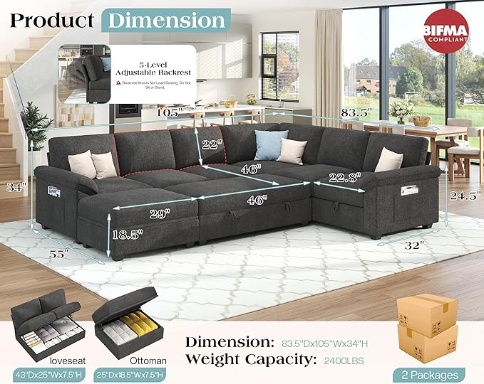 VanAcc 105 Sofa Bed Sectional Sleeper Sofa with Pull Out Bed/Reclining Backrest Sleeper Couch Bed with Storage 6 Seater Couch Bed for Living Room Chenille Dark Gray