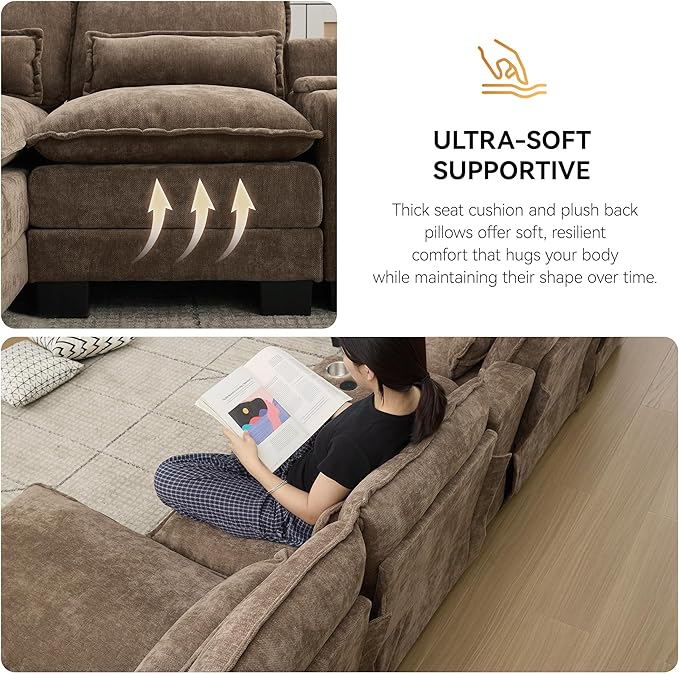 125'' U Shaped Cloud Modular Sofa with Chaise Lounges Chenille Upholstered Comfy Sectional Couch with Storage Console USB Charging Ports &amp Cup Holders Small Deep Seat Sofa for Living Room Brow