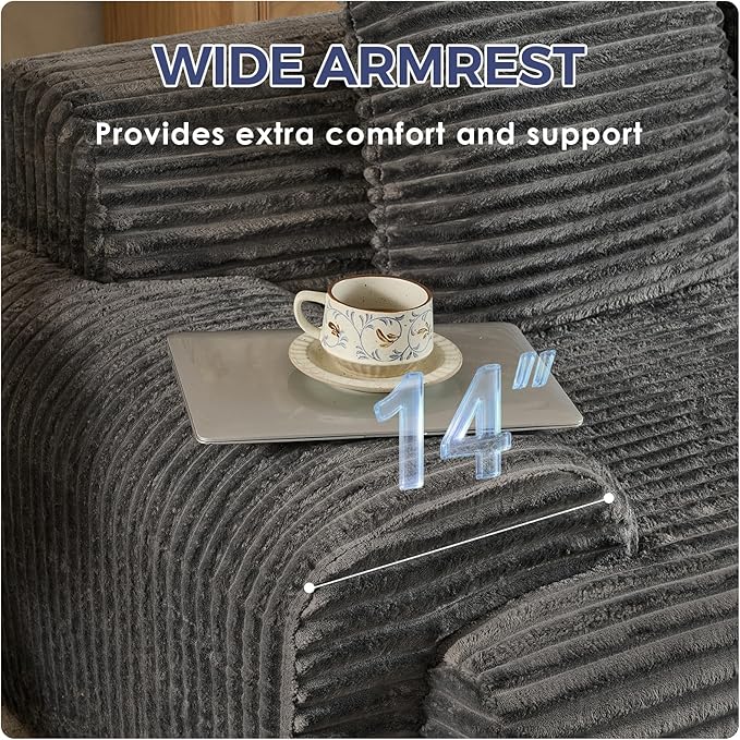 VK·LIVING 113 Cloud Sectional Couch Deep Seat Boneless Sofa with Wide Armrests 16.5'' Height Modular Plush Corduroy Memory Foam Couch for Living Room Office No Assembly Dark Gray