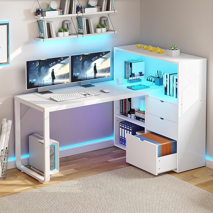 YITAHOME L Shaped Desk with Power Outlets 55 Computer Desk with Drawers &amp Bookshelf Home Office Desk with LED Lights Corner Desk with File Cabinet White