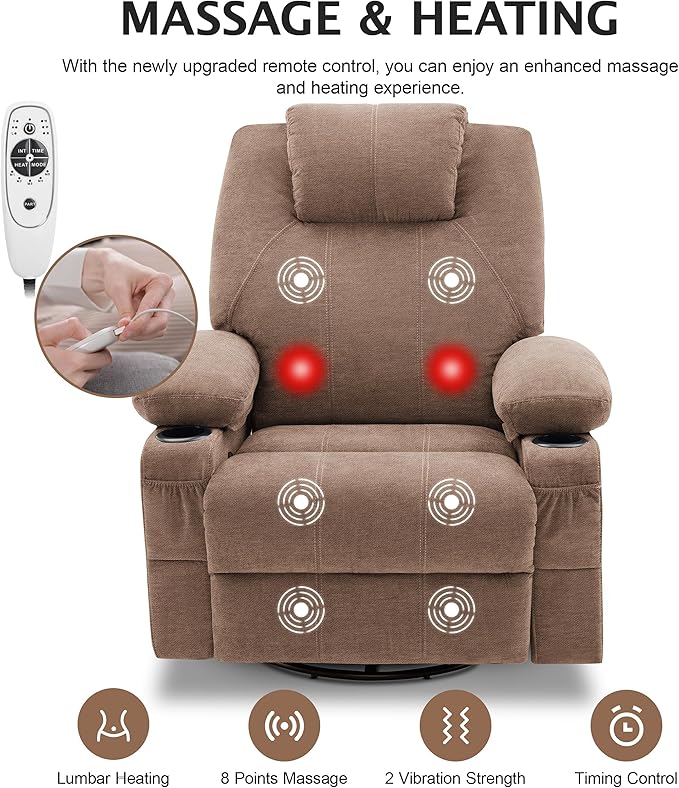 Oversized Swivel Rocker Recliner Chair with Heat and Massage Large Big Recliner Chair for Living Room 360 Degree Swivel Rocking Single Sofa with Cup Holders and USB Port(Fabric Brown)