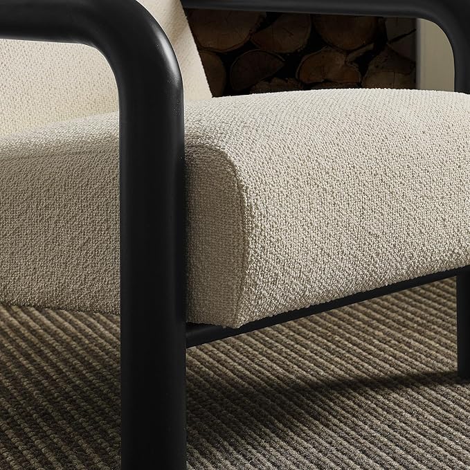 Modway Sereno Modern Boucle Fabric Accent Chair in Cream Black with Rounded Wood Armrests – Upholstered Lounge Chair for Living Room or Bedroom