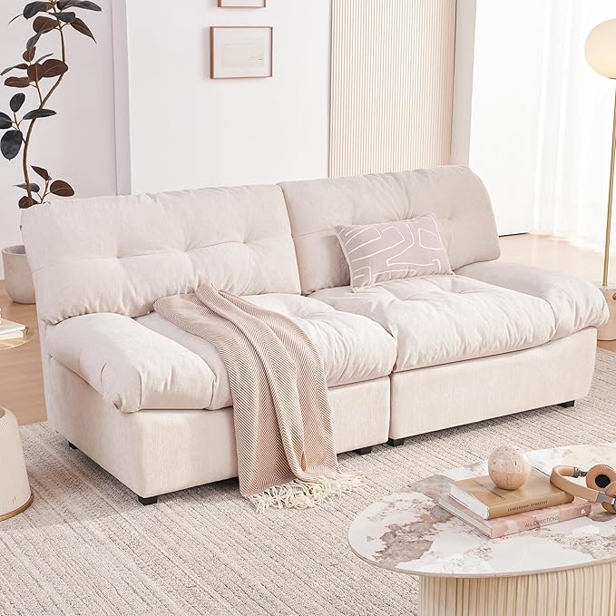 80 Chenille Cloud Deep Seat Overstuffed Couches for Living Room Cozy Comfy Cloud Sofa with Solid Wood Frame Modern Loveseat Sofa Couch for Small Spaces Pillow-Designed Armrest Couch Beige