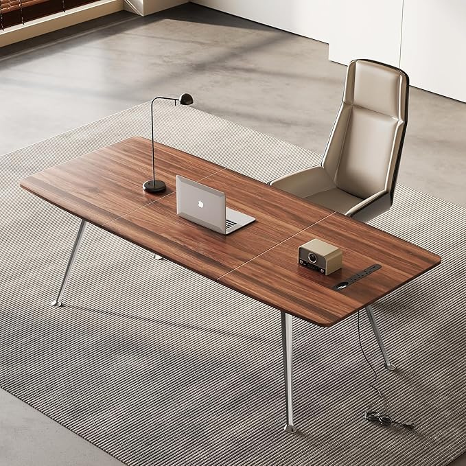 71-Inch Executive Desk Computer Office Desk Workstation with Chrome-Plated Legs and Built-in Power Outlet Writing Table Business Furniture Modern Minimalist Style for Home Office Walnut