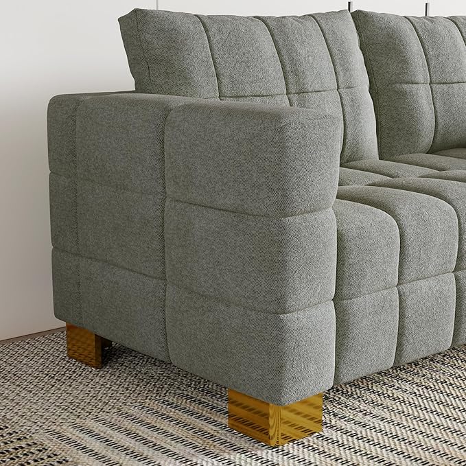 81.89 Sofa Comfy 3 Seat Sofa Tufted Chenille Upholstered Sofa Couch for Living Room with Gold Metal Legs and 2 Throw Pillows (Grey)