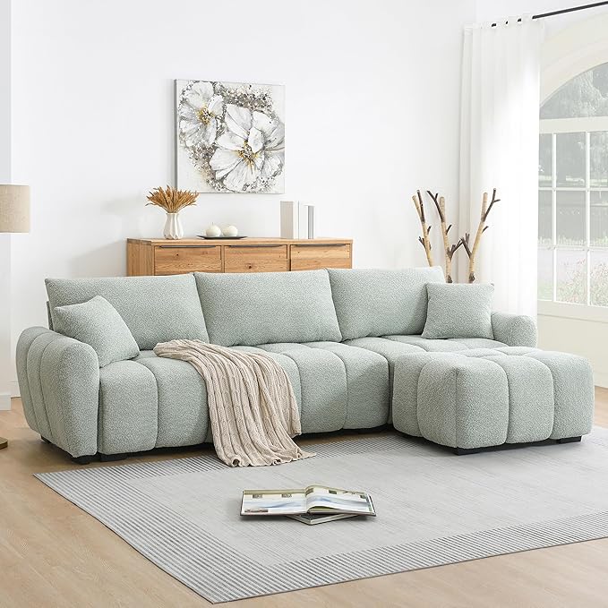 110 Modular Sectional Sofa L Shape with Extra-Large Seat Pull-line Design Movable Ottoman High Density Foam Free Combination Sturdy Metal&ampWood Frame Boucle FabricLight Green