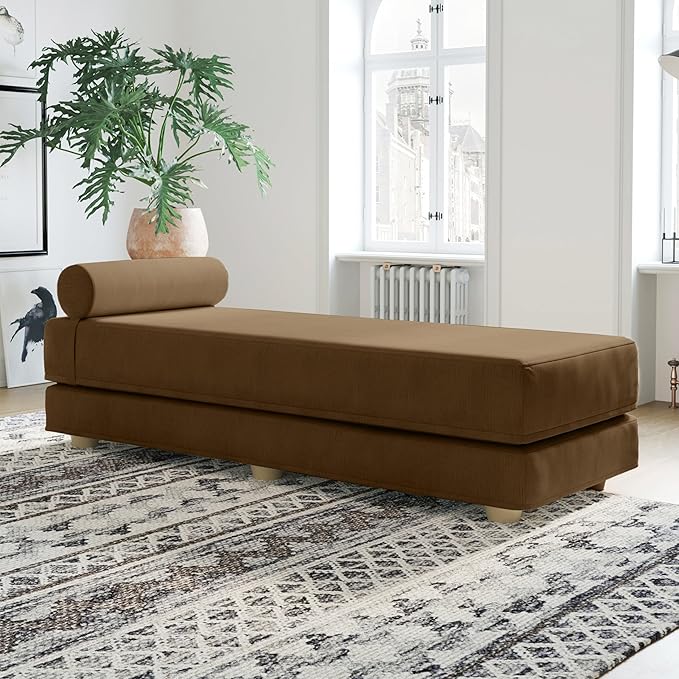 Jaxx Alon Daybed - Fold-Out Sleeper Chaise with Premium Memory Foam Queen-Size Mattress - Made in The USA - Toffee
