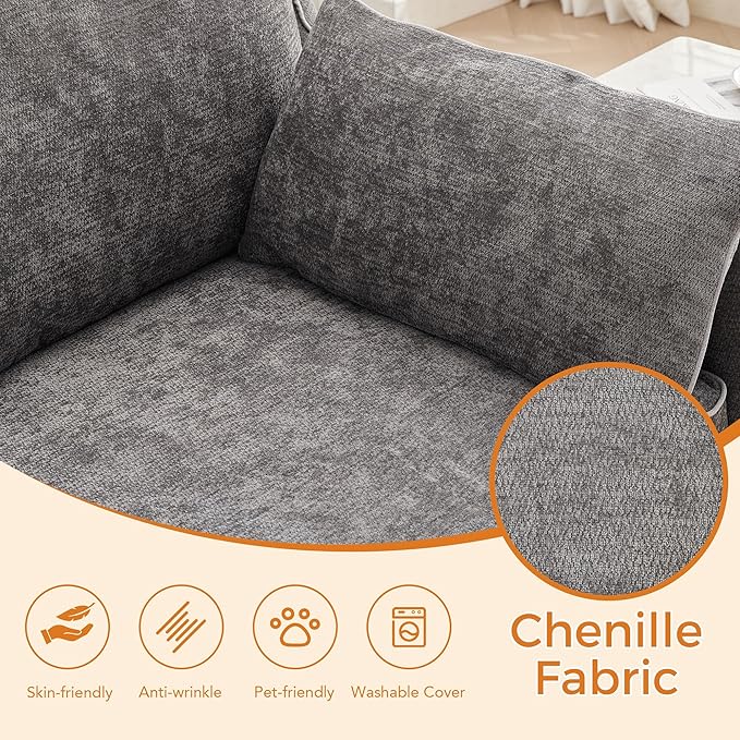 LSSBOUGHT 110 Sectional SofaL Shaped Sofa with Movable Ottoman Chenille Fabric 3 Seat Modern Couches for Living Room Apartment and Small Space (Gray)