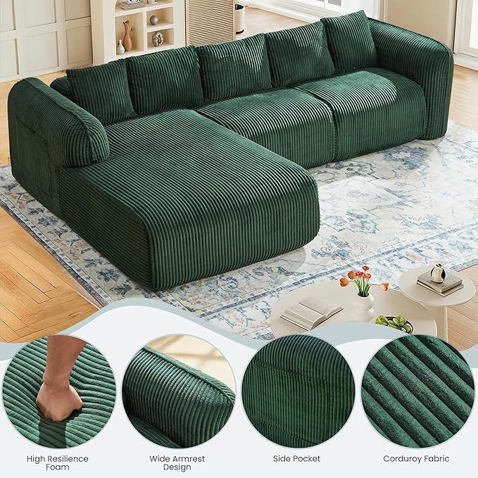 HOMREST 108 Modern Modular Sectional Sofa Sectional Couch with Deep Seat and Pocket Cloud L-Shape Sofa with Chaise Upholstered Boneless Couches for Living Room Bedroom Green Left Facing Chaise