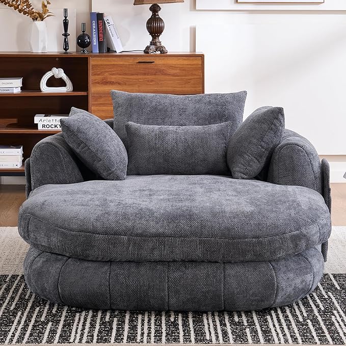 Oversized Chaise Lounge Indoor Deep Seat Boneless Sofa Bed with Throw Pillows Plush Chenille Fabric No Assembly Required Comfy Sleeper Sofa for Living Room Bedroom (Grey with Pocket)