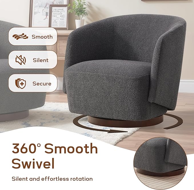 Boucle Swivel Accent Chair No Assembly Upholstered Armchair with Rubberwood Base 360° Rotating Barrel Chair for Living Room Bedroom Apartment &amp Reading Nook (1 Grey)