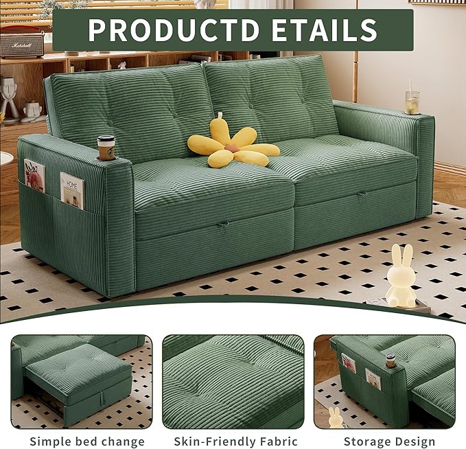 73.2 inch 2-in-1 Convertible Sofa Bed with Cup Holder | Space-Saving Sleeper for Small Apartments Dorms &amp Offices | Guest Ready in Seconds(Green+Corduroy)