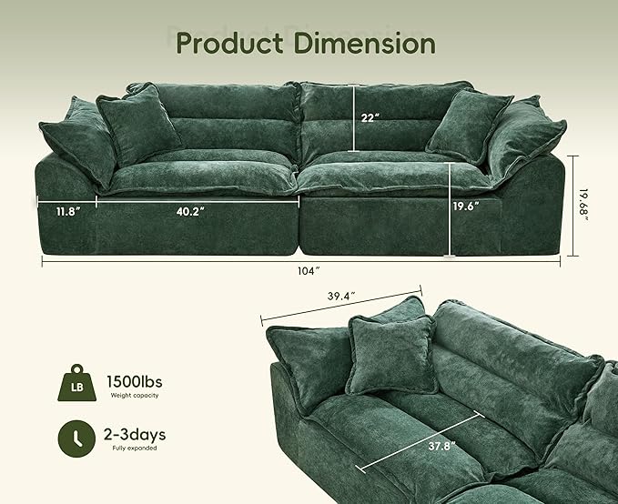 Hobestluk 104 Sectional Sofa Couches 3 Seater Modular Sofa Boneless Couch Cloud Couch with Removable Cushion Modular Sectional Couches for Living Room(Green)