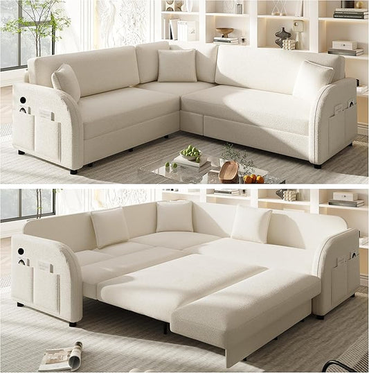 85.1 Sectional Sleeper Sofa with Pull Out Bed Comfy Teddy L Shaped Convertible Sleeper Couch Oversized Modern Modular Deep Seat Cloud Couches with USB Ports for Living Room Beige White