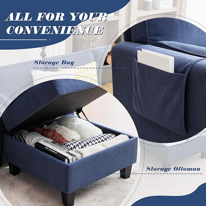 MAGIC UNION Convertible Sectional Couches for Living Room - Small Space Couches L-Shaped Sofa Upholstered 3 Seats Sofas W/Storage Chaise USB Ports Side Pockets and Pillows (Corduroy Fabric Blue)