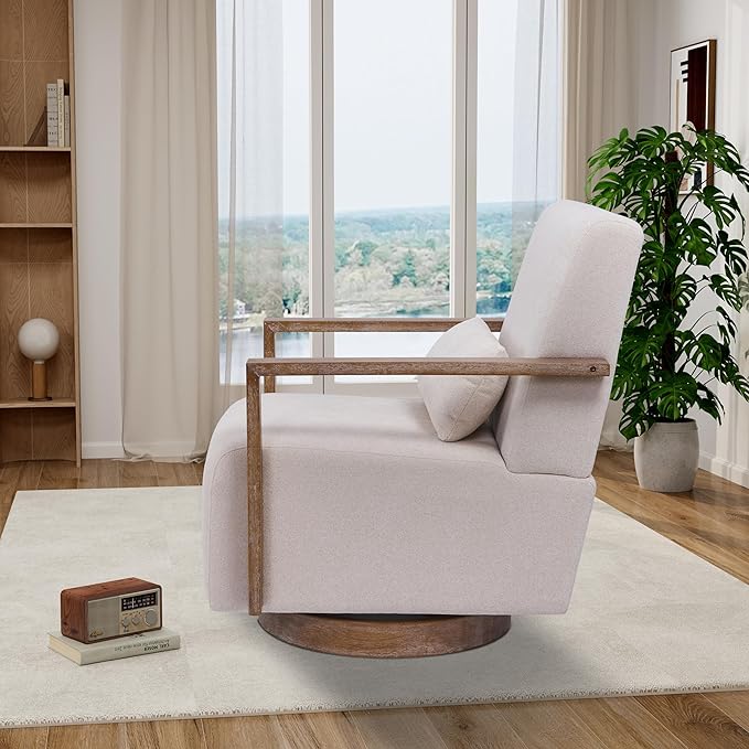 30.5 W Swivel Modern Fabric Upholstered Accent Chair with Solid Wood Armrests Comfy Lounge Reading Chair Side Armchair for Hotel Bedroom Living Room Office Nursery Room (Beige Linen)